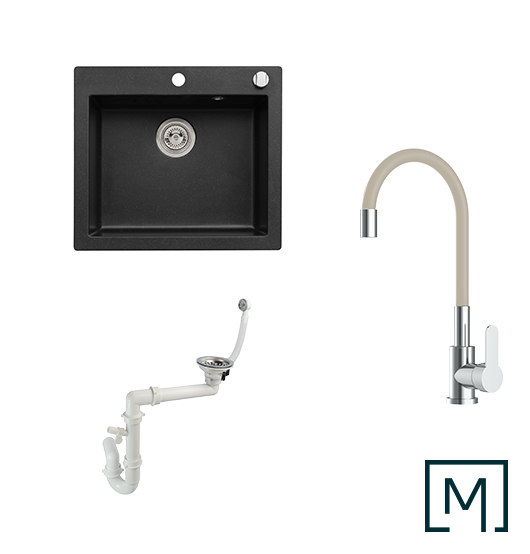 Granitspüle Mojito 60 & Küchenarmatur Flex mit Siphon - Moderno