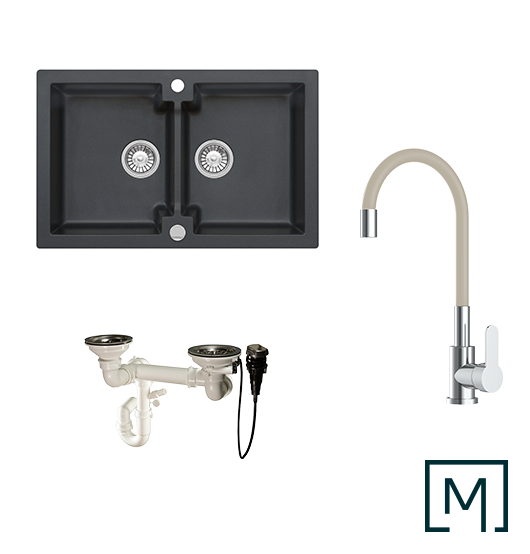 Granitspüle Mojito 160 & Küchenarmatur Flex mit Siphon - Moderno