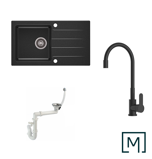 Granitspüle Lagoon 200 & Küchenarmatur Flex mit Siphon - Moderno