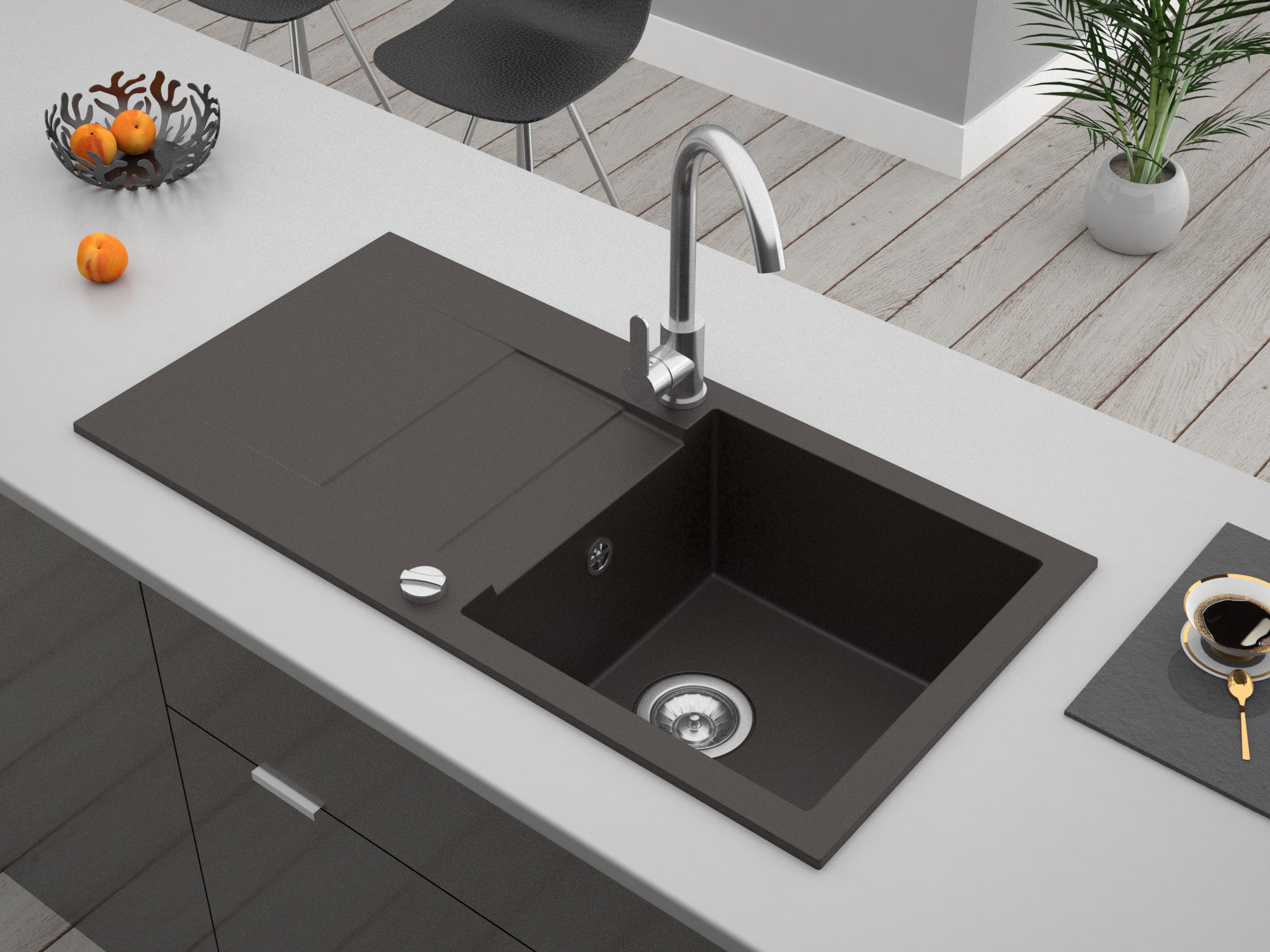 Granitspüle Cascada 40 & Küchenarmatur Deco mit Siphon - Moderno