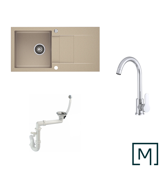 Granitspüle Cascada 40 & Küchenarmatur Deco mit Siphon - Moderno