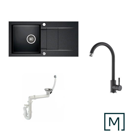 Black Special Set Granitspüle Cascada 40 mit Wasserhahn und Siphon