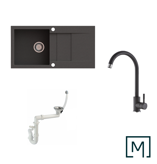 BLACK WEEK Set Granitspüle Cascada 40 mit Wasserhahn und Siphon