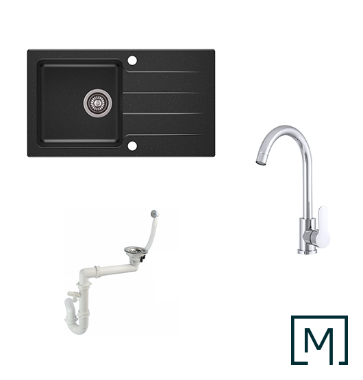 Granitspüle Lagoon 200 & Küchenarmatur Deco mit Siphon - Moderno