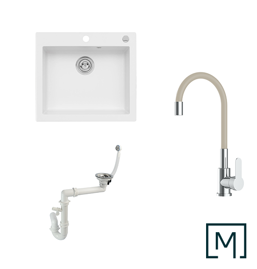 Komplettset Granitspüle Mojito 60 und Küchenarmatur Flex mit Siphon