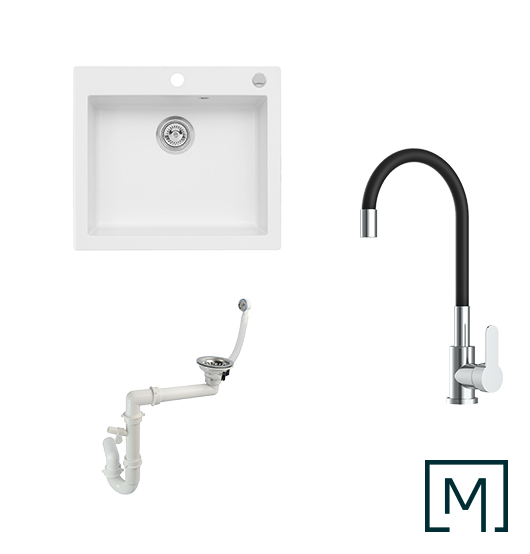 Komplettset Granitspüle Mojito 60 und Küchenarmatur Flex mit Siphon