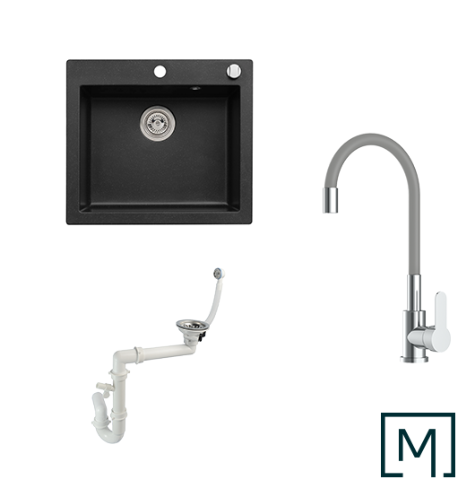 Komplettset Granitspüle Mojito 60 und Küchenarmatur Flex mit Siphon