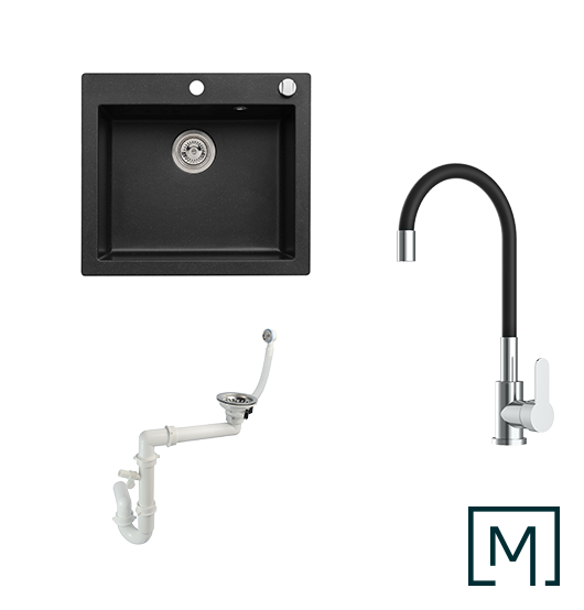 Komplettset Granitspüle Mojito 60 und Küchenarmatur Flex mit Siphon