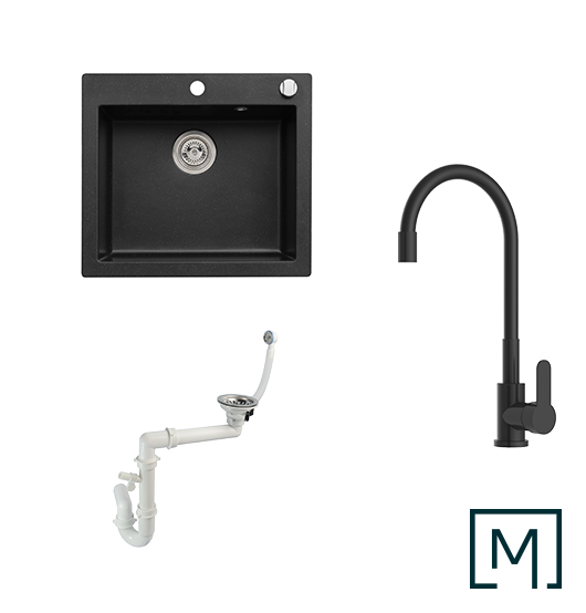 Komplettset Granitspüle Mojito 60 und Küchenarmatur Flex mit Siphon