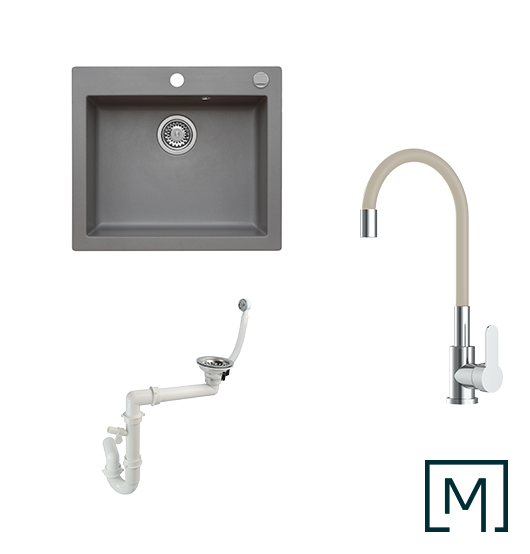 Komplettset Granitspüle Mojito 60 und Küchenarmatur Flex mit Siphon