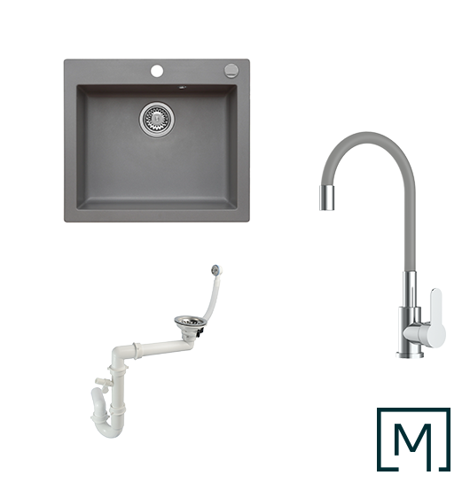 Komplettset Granitspüle Mojito 60 und Küchenarmatur Flex mit Siphon