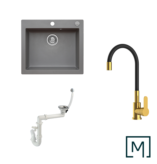 Komplettset Granitspüle Mojito 60 und Küchenarmatur Flex mit Siphon