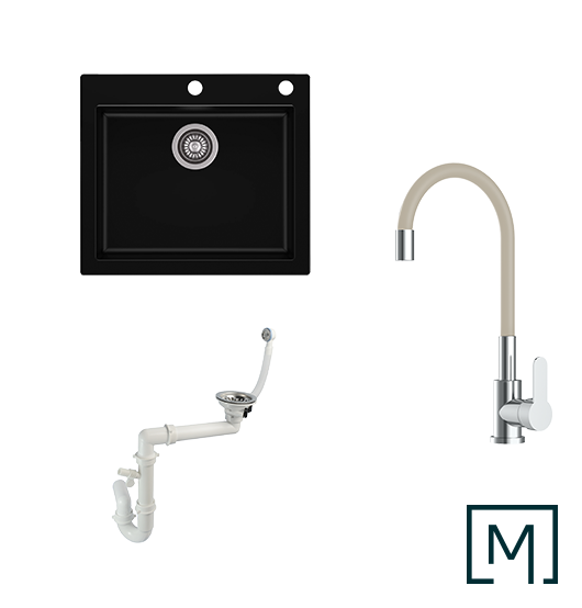 Komplettset Granitspüle Mojito 60 und Küchenarmatur Flex mit Siphon