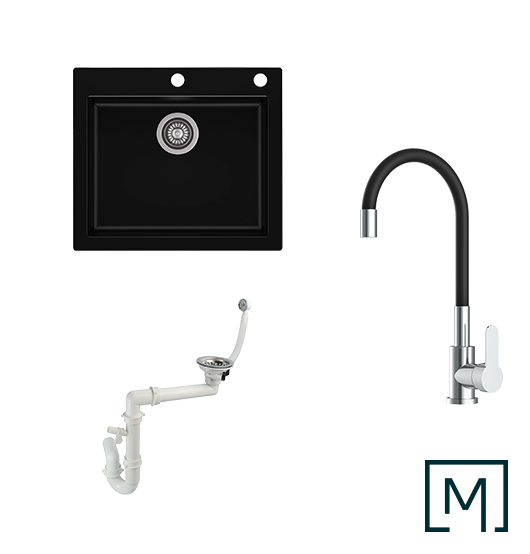 Komplettset Granitspüle Mojito 60 und Küchenarmatur Flex mit Siphon