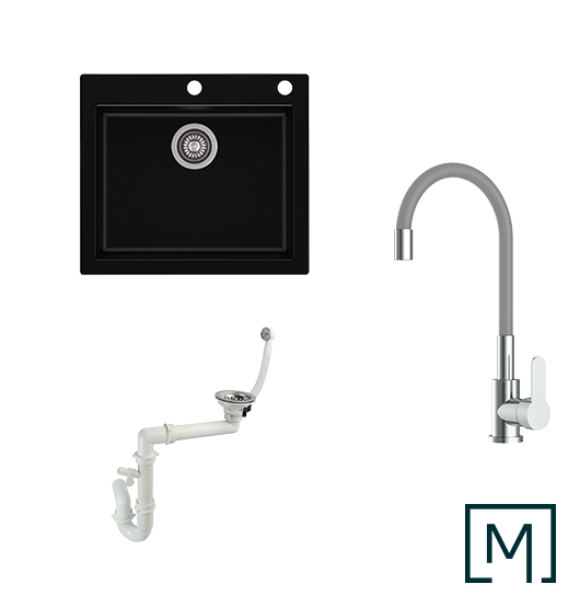 Komplettset Granitspüle Mojito 60 und Küchenarmatur Flex mit Siphon