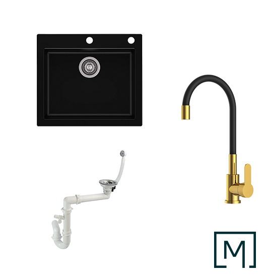 Komplettset Granitspüle Mojito 60 und Küchenarmatur Flex mit Siphon