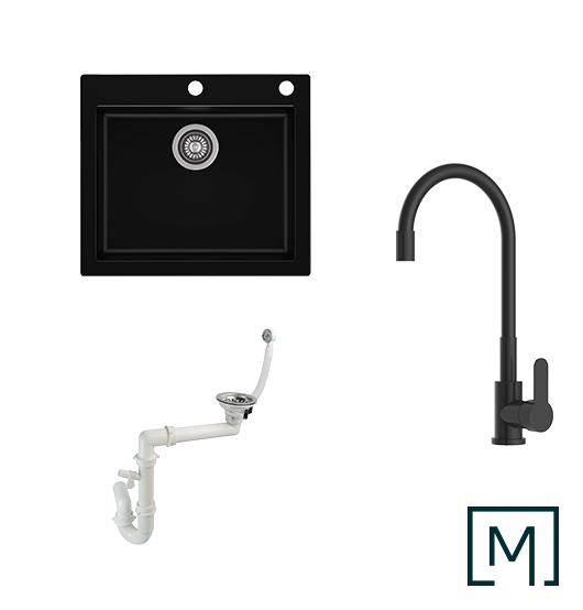 Komplettset Granitspüle Mojito 60 und Küchenarmatur Flex mit Siphon