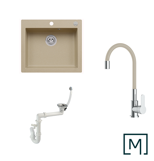 Komplettset Granitspüle Mojito 60 und Küchenarmatur Flex mit Siphon