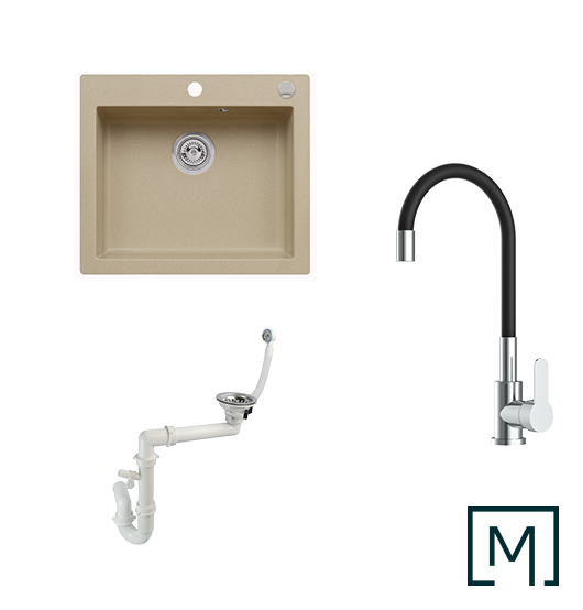 Komplettset Granitspüle Mojito 60 und Küchenarmatur Flex mit Siphon