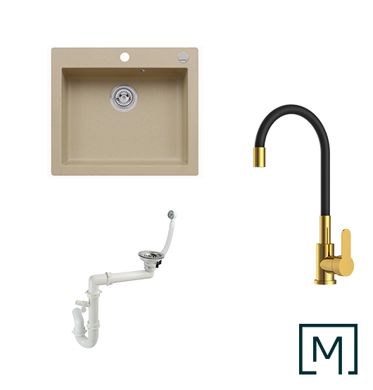 Komplettset Granitspüle Mojito 60 und Küchenarmatur Flex mit Siphon