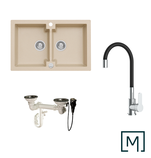 Komplettset Granitspüle Mojito 160 und Küchenarmatur Flex mit Siphon