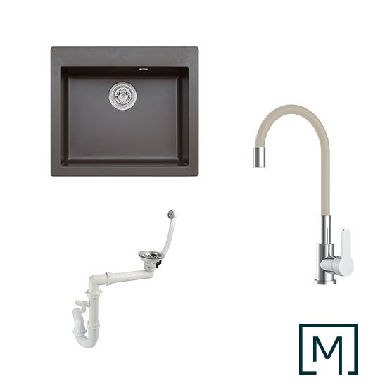 Komplettset Granitspüle Mojito 60 und Küchenarmatur Flex mit Siphon