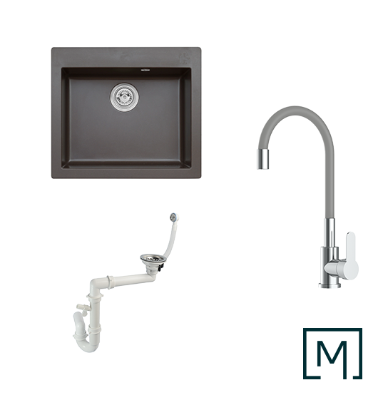 Komplettset Granitspüle Mojito 60 und Küchenarmatur Flex mit Siphon