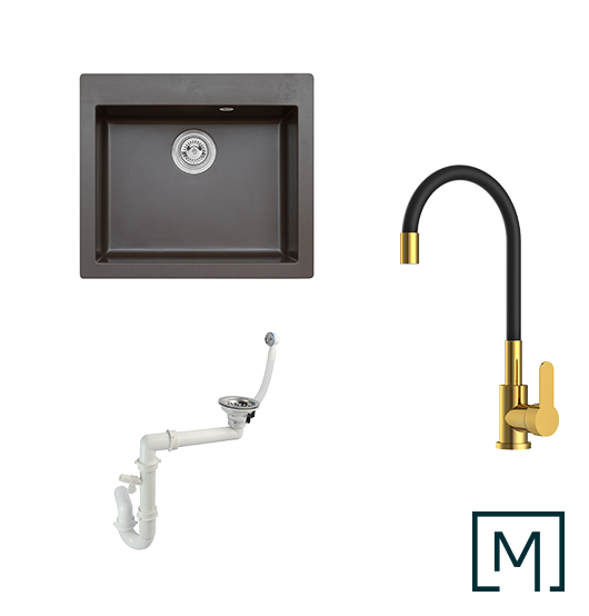 Komplettset Granitspüle Mojito 60 und Küchenarmatur Flex mit Siphon