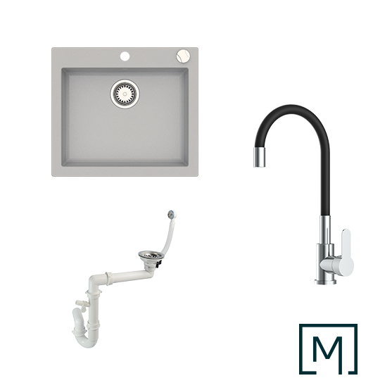 Komplettset Granitspüle Mojito 60 und Küchenarmatur Flex mit Siphon