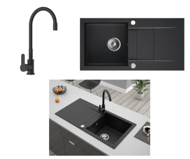 Komplettset Granitspüle Cascada 40 und Küchenarmatur Flex mit Siphon