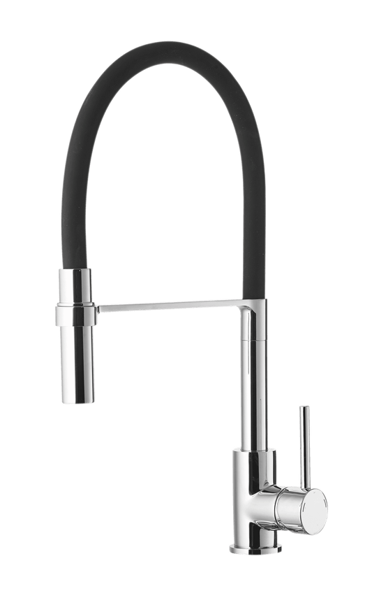 Emma Küchenarmatur in Chrom mit schwarzem Flexschlauch – farbenfrohe Revolution für moderne Küchenspülen, funktional und stilvoll.