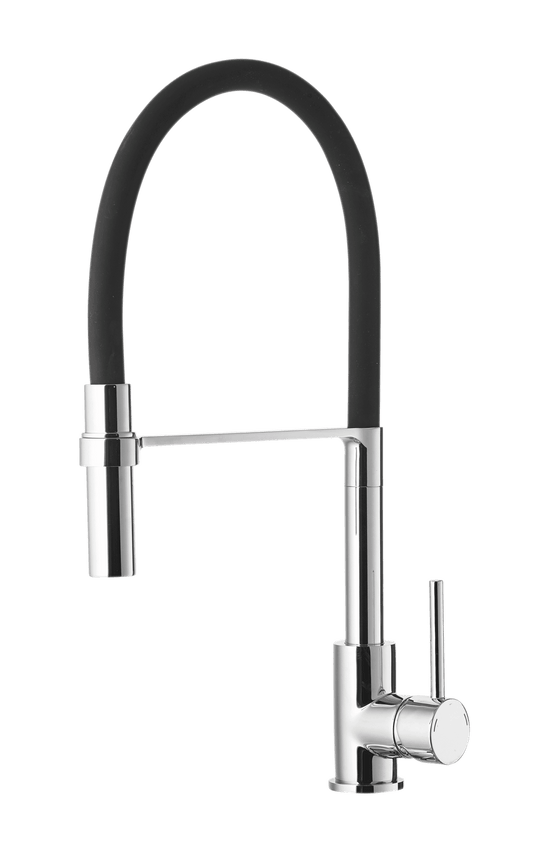 Emma Küchenarmatur in Chrom mit schwarzem Flexschlauch – farbenfrohe Revolution für moderne Küchenspülen, funktional und stilvoll.