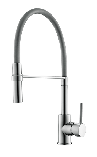 Emma Küchenarmatur in Edelstahloptik mit grauem Flexschlauch – flexible Wasserhahn-Lösung für stilvolle Küchenspülen mit Frische.