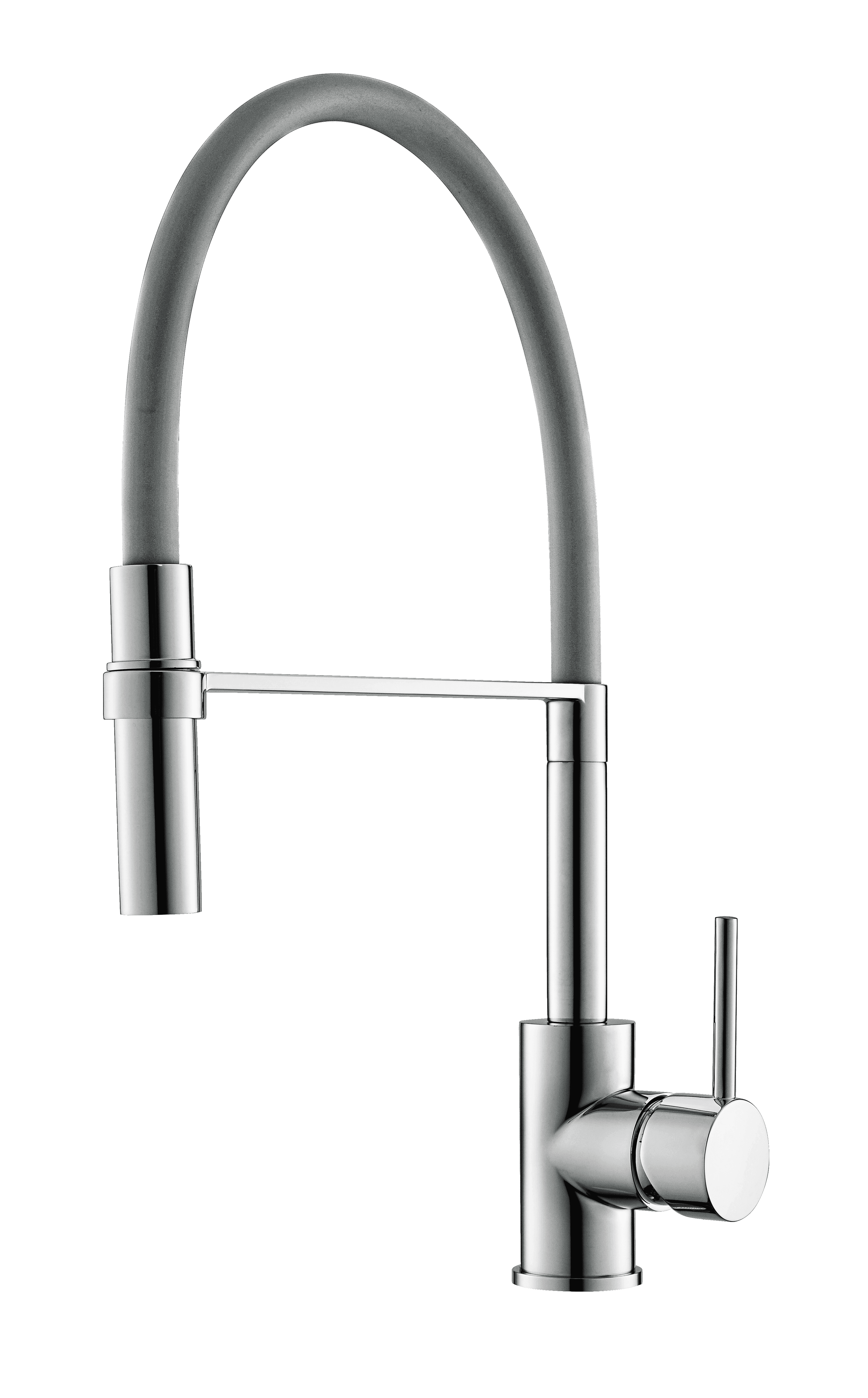 Emma Küchenarmatur in Edelstahloptik mit grauem Flexschlauch – flexible Wasserhahn-Lösung für stilvolle Küchenspülen mit Frische.