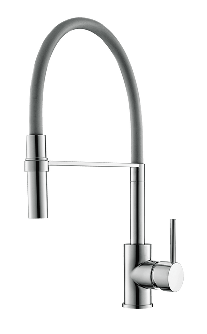 Emma Küchenarmatur in Edelstahloptik mit grauem Flexschlauch – flexible Wasserhahn-Lösung für stilvolle Küchenspülen mit Frische.