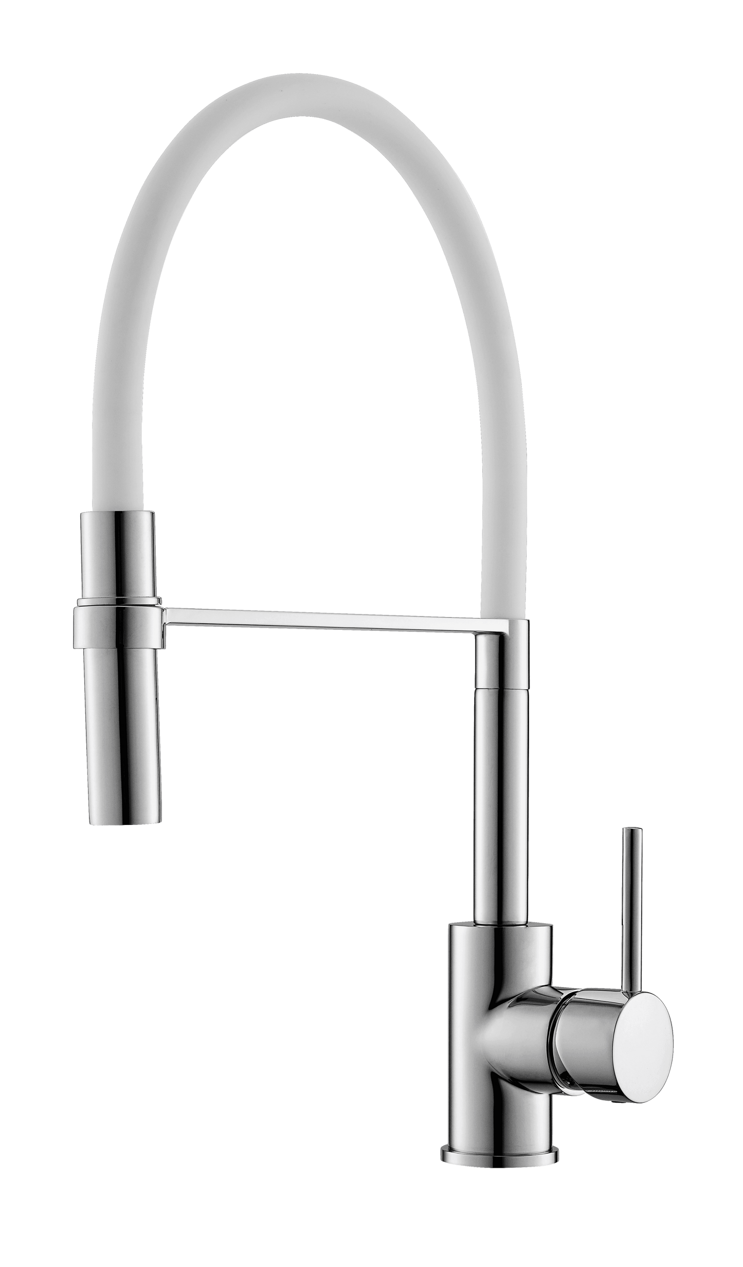 Emma Küchenarmatur mit weißem Flexschlauch und glänzendem Metallkörper – modernes Design trifft auf funktionale Frische in der Küche.