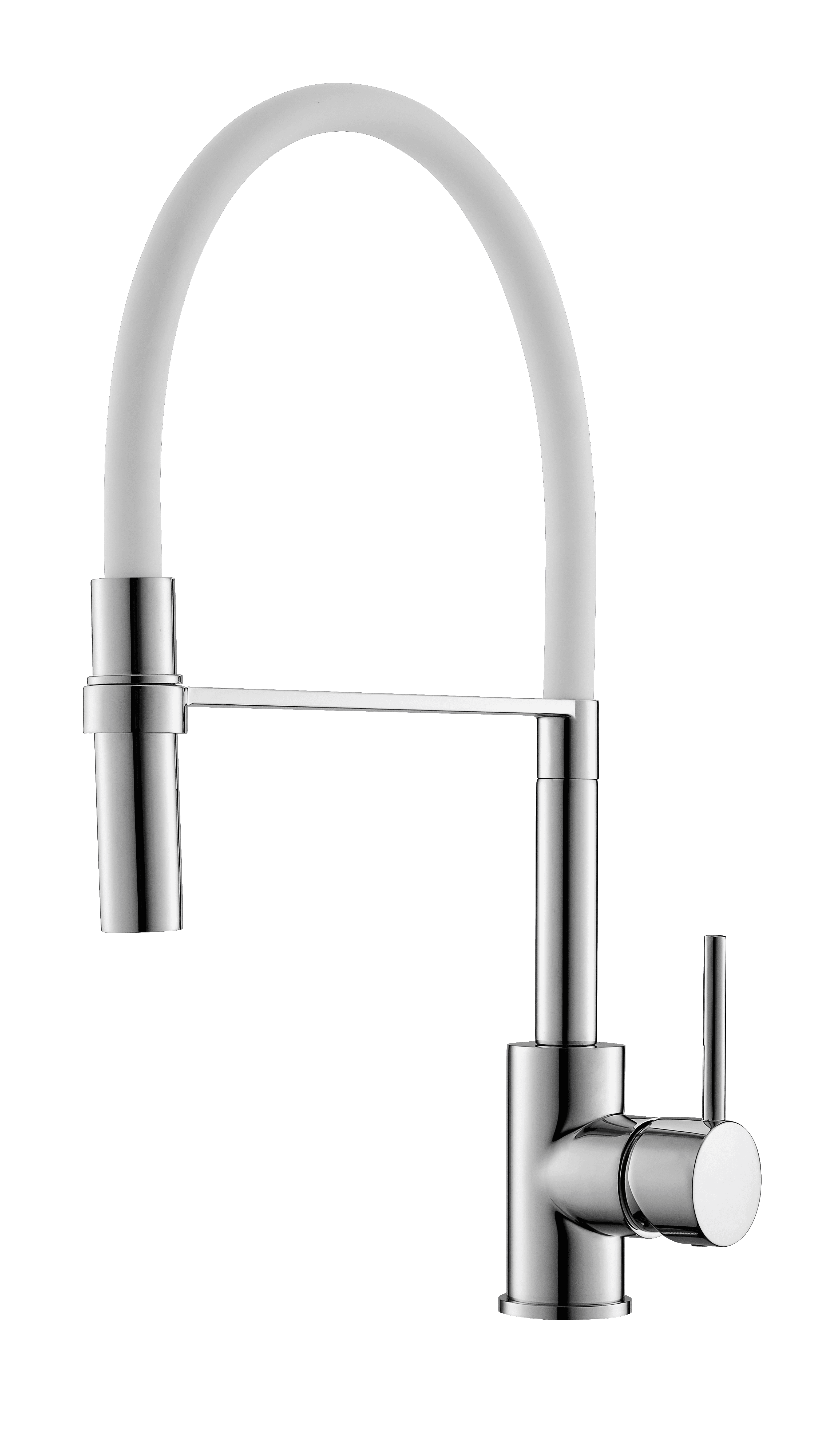 Emma Küchenarmatur mit weißem Flexschlauch und glänzendem Metallkörper – modernes Design trifft auf funktionale Frische in der Küche.