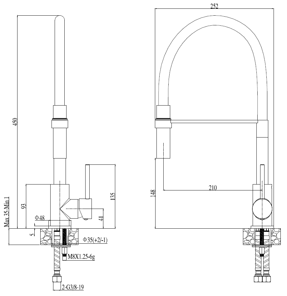 Technische Zeichnung der Emma Küchenarmatur – detaillierte Maße und Aufbau für präzise Installation in modernen Küchenspülen.