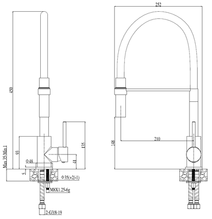 Technische Zeichnung der Emma Küchenarmatur – detaillierte Maße und Aufbau für präzise Installation in modernen Küchenspülen.