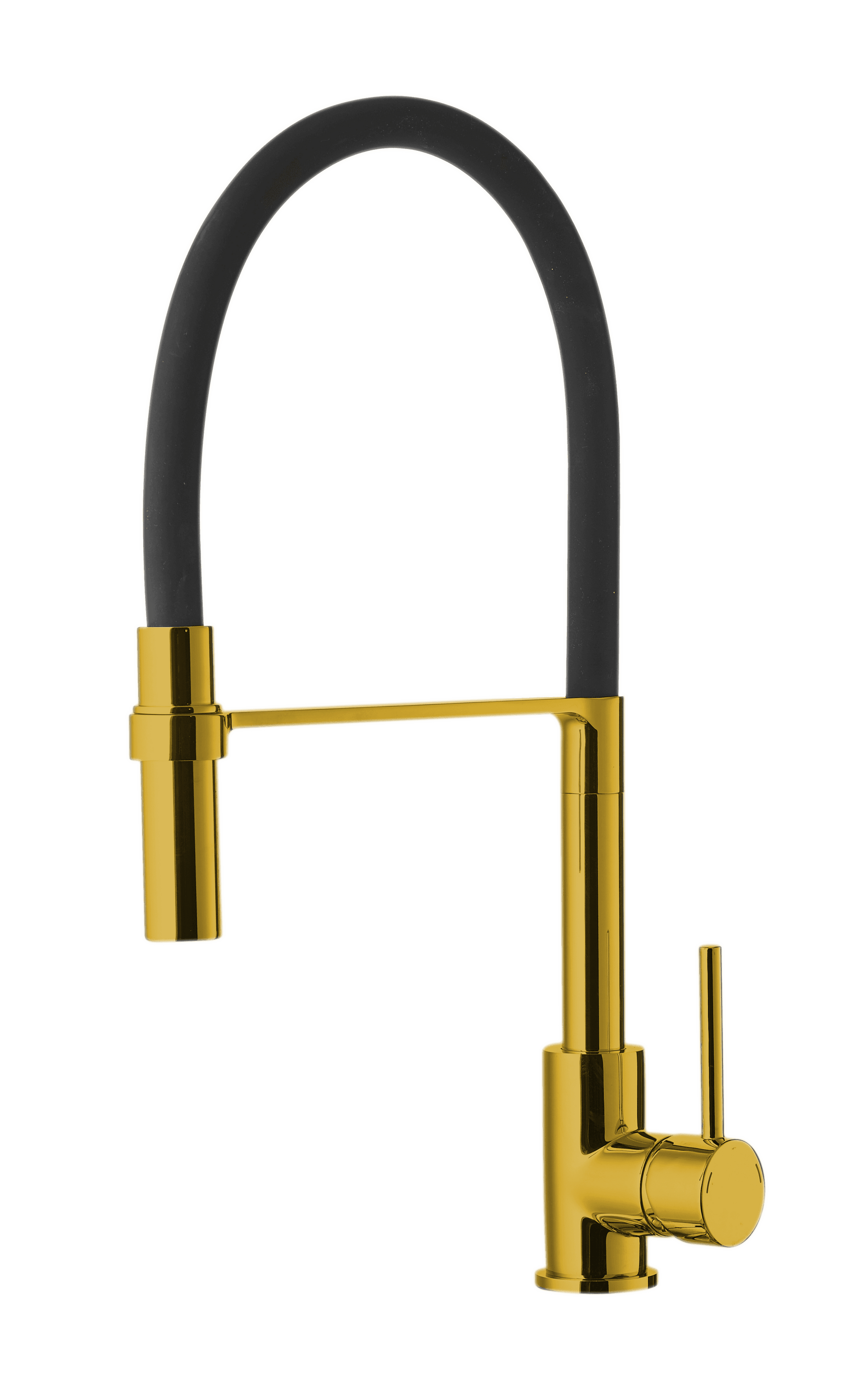Goldene Emma Küchenarmatur mit schwarzem Flexschlauch – luxuriöser Wasserhahn für farbenfrohe Küchenspülen mit innovativer Funktionalität.