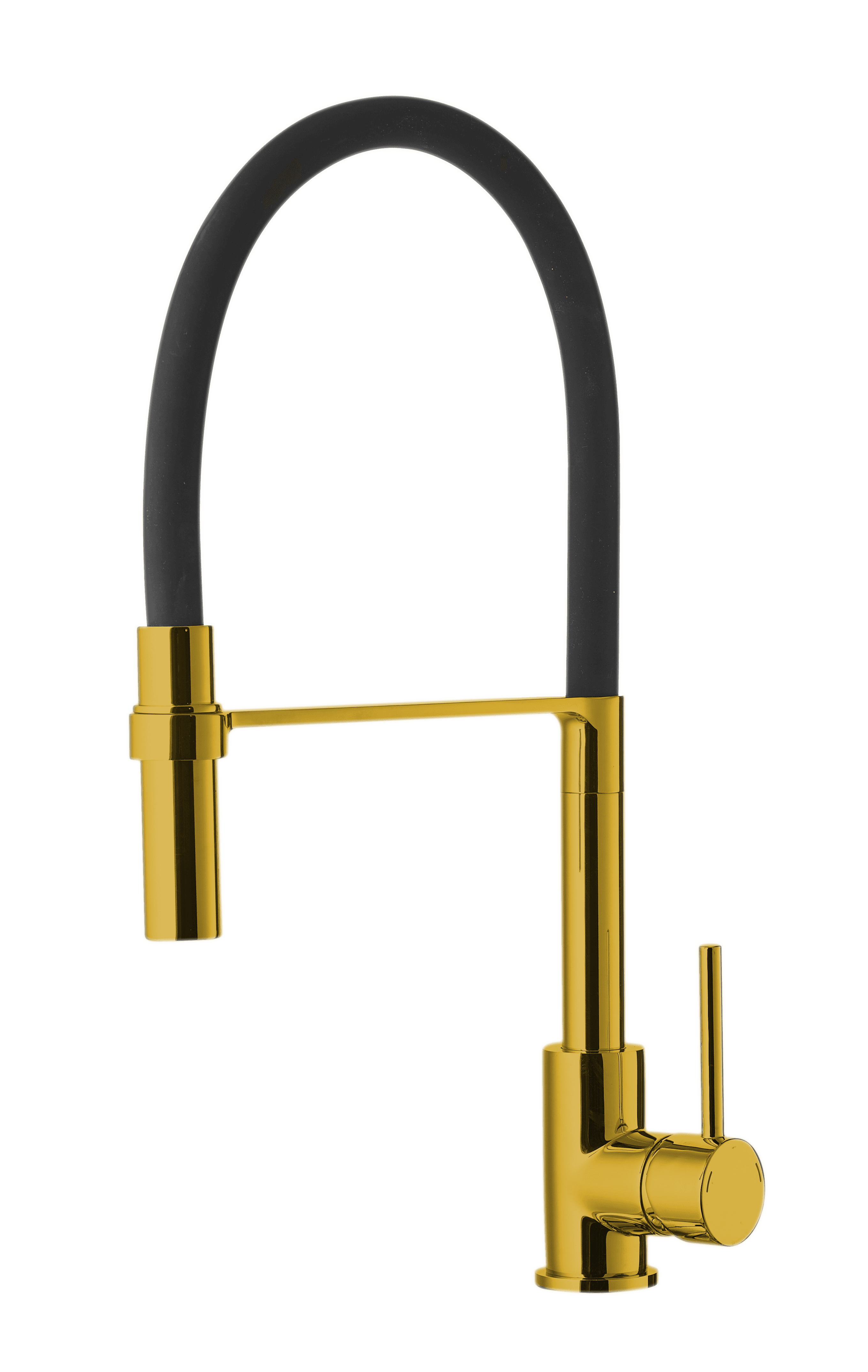 Goldene Emma Küchenarmatur mit schwarzem Flexschlauch – luxuriöser Wasserhahn für farbenfrohe Küchenspülen mit innovativer Funktionalität.